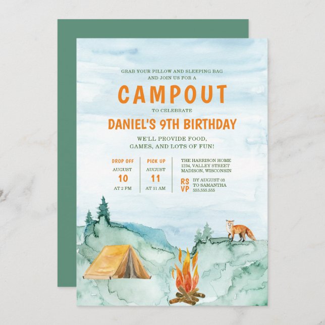 Invitation Camping Woodland Watercolor Campout Anniversaire (Devant / Derrière)