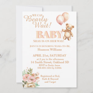 Invitation Can Bearly Wait Sweet Girl Teddy Bear and Balloons