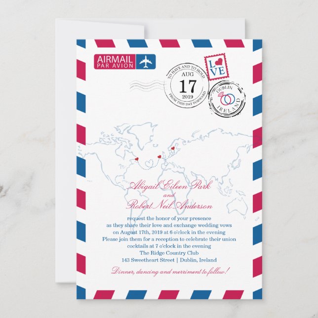 Invitation Canada Irlande Suède Airmail Mariage de coeur (Devant)