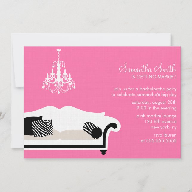 Invitation Canapé rose élégant et fête avec lustre (Devant)