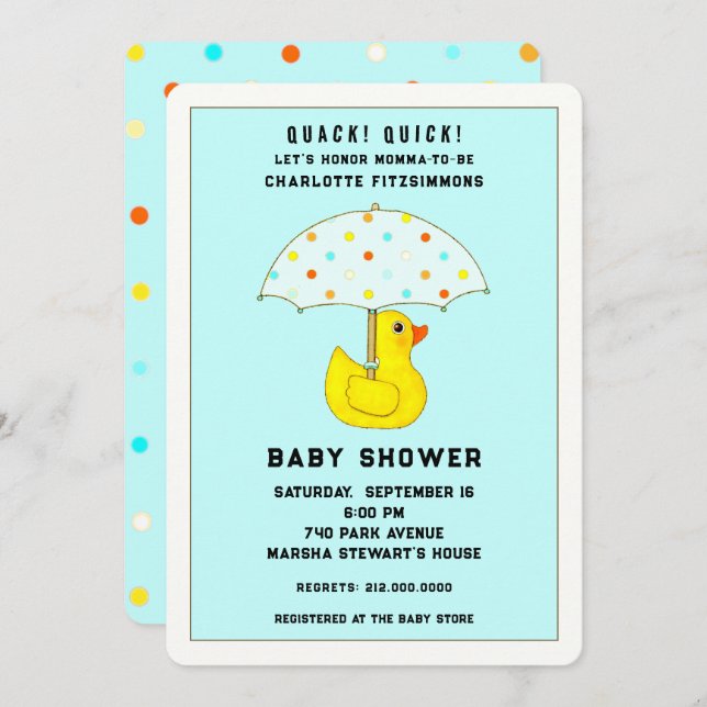 Invitation Canard baby shower Avec Parapluie (Devant / Derrière)