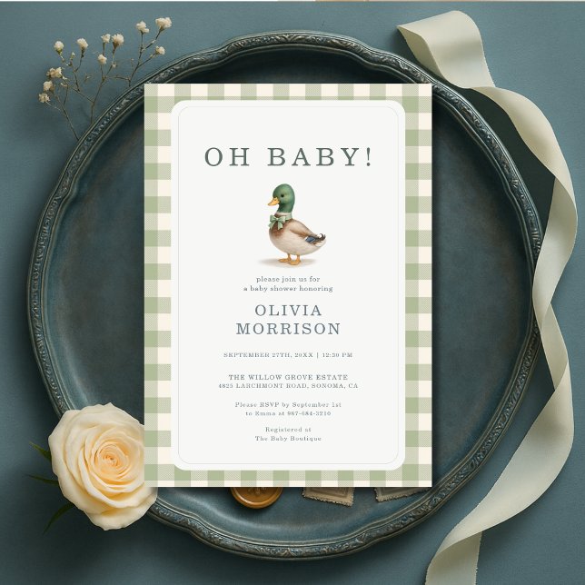 Invitation Canard colvert Oh Bébé Gingham Vert Baby Shower (Créateur téléchargé)