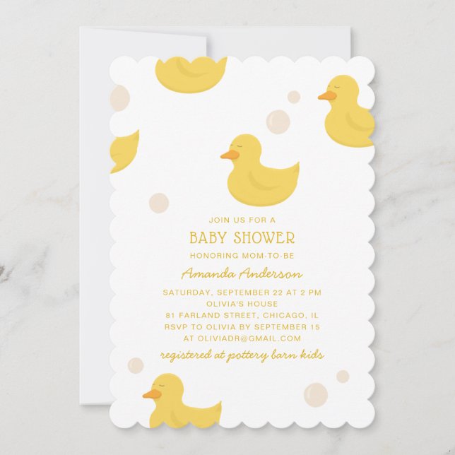 Invitation Canard de bain jaune. Baby shower animal jouet mig (Devant)