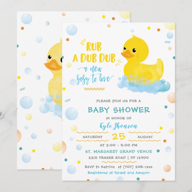 Invitation Canard en caoutchouc garçon modifiable Baby Shower (Devant / Derrière)