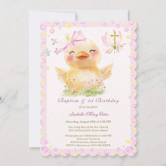 Invitation Canard en caoutchouc rose baptême et anniversaire (Devant)