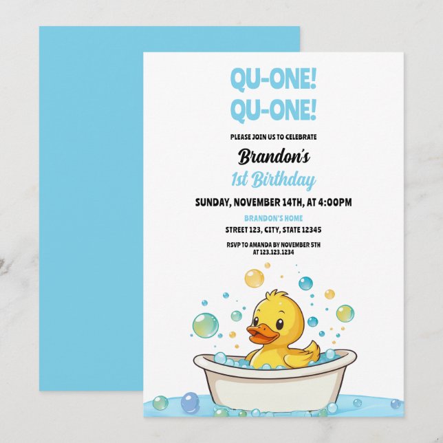 Invitation Canard jaune de dessin animé pour 1er anniversaire (Devant / Derrière)