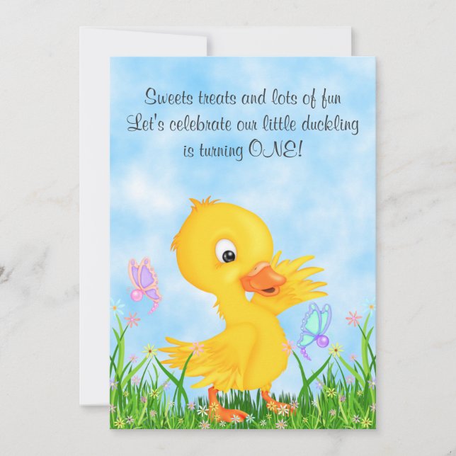 Invitation Canard jaune mignon et papillons 1er anniversaire (Devant)