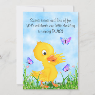 Invitation Canard jaune mignon et papillons 1er anniversaire