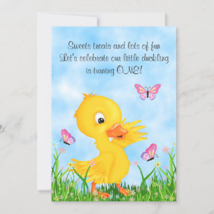 Invitation Canard jaune mignon et papillons 1er anniversaire