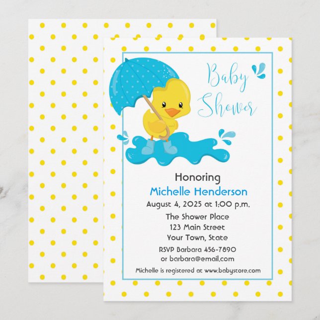 Invitation Canard jaune, parapluie et Baby shower Pois (Devant / Derrière)