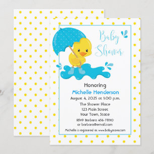 Invitation Canard jaune, parapluie et Baby shower Pois
