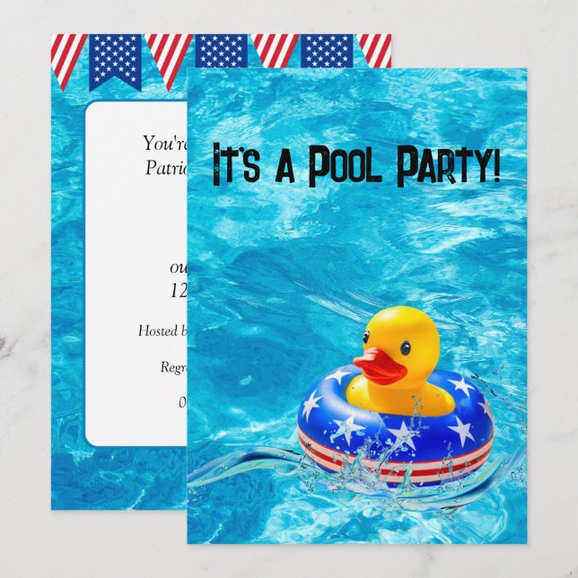 Invitation Canard jaune pour une fête de piscine patriotique (Devant / Derrière)