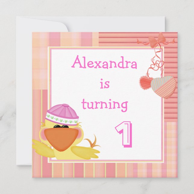 Invitation Canard Mignon Et Cœurs D'Amour 1er Anniversaire (Devant)