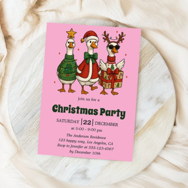 Invitation Canards de Noël drôles sur fond rose | Fêtes de fi (Créateur téléchargé)
