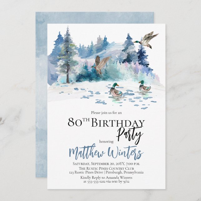 Invitation Canards Forêt forestière Nature 80e fête d'anniver (Devant / Derrière)