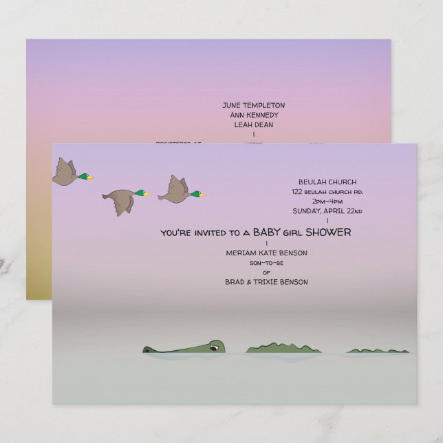 Invitation Canards & Gator Nature Cartoon Baby shower fille (Devant / Derrière)