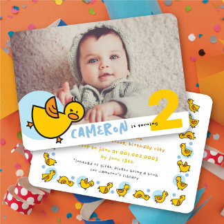 Invitation Canards Jaunes Mignons Photo Bleue Fête d'Annivers