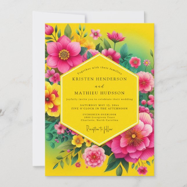 Invitation Canary Fuchsia Flora Wedding (Devant)