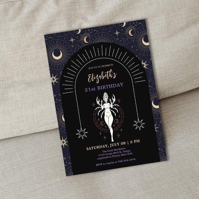 Invitation Cancer mystique noir Zodiac 21e anniversaire (Black Mystic Cancer Zodiac 21st Birthday Invitation)