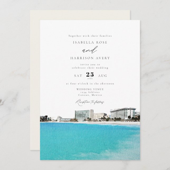 Invitation CANCUN Mexique Aquarelle Mariage Skyline (Devant / Derrière)