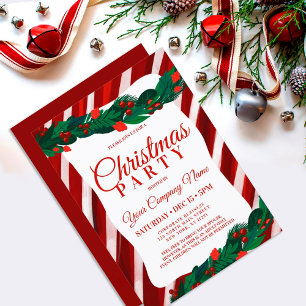 Invitation Candy Cane Berry Leaves Caporate Christmas Invita