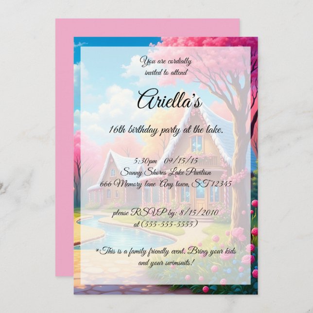 Invitation Candy Coloured Lake House Sweet 16 Anniversaire (Devant / Derrière)