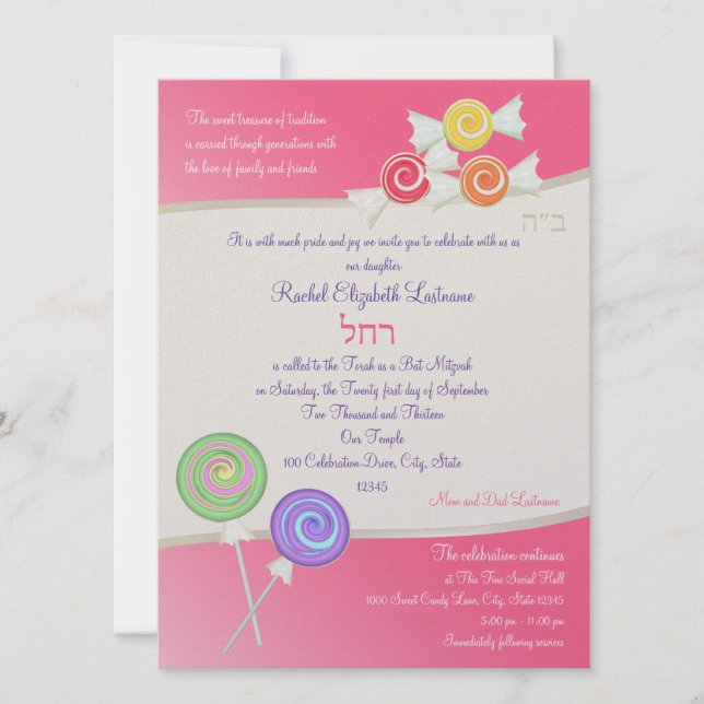 Invitation Candy Sweet Bat mitzvah Watermelon rose foncé (Devant)