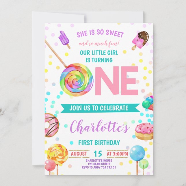 Invitation Candy Sweet Celebration ONE Girl First Birthday (Devant)