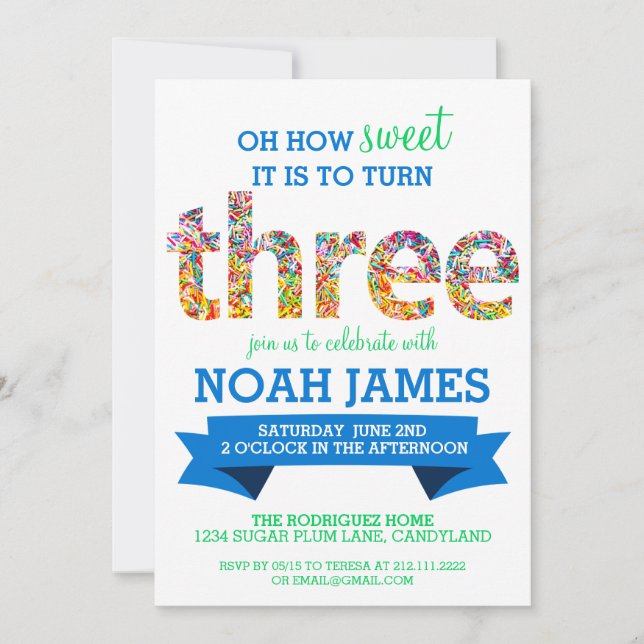 Invitation Candy Thème 3ème anniversaire fête saupoudrer BLUE (Devant)