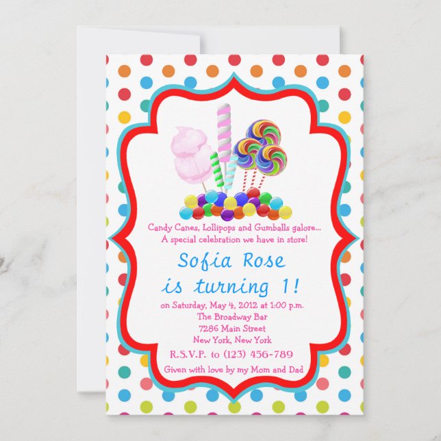 Invitation Candyland Candy premier anniversaire Anniversaire  (Devant)