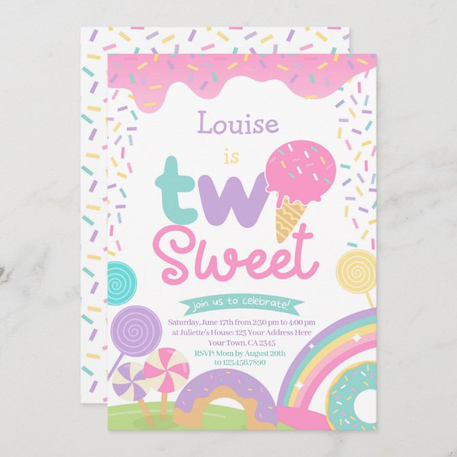 Invitation Candyland et crème glacée, deux douces 2e annivers (Devant / Derrière)