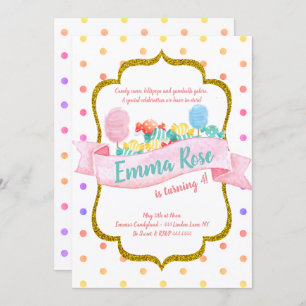 Invitation Candyland Gold Polka dot Birthday Party