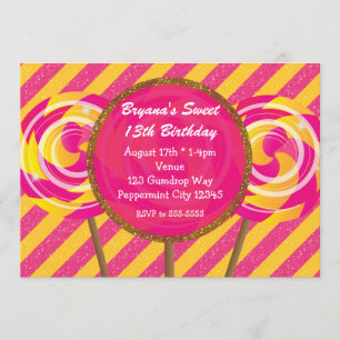 Invitation Candyland Sucettes Roses et Jaunes Fête d'Annivers