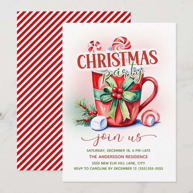 Invitation Cane de bonbon rouge vert Chocolat chaud Noël Fête (Devant / Derrière)