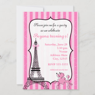 Invitation Caniche à Paris Tour Eiffel rayée rose chic