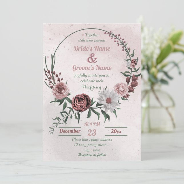 Invitation cannelle rose rose blanc fleuri mariage (Debout devant)