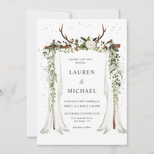 Invitation Canopée Boho Blanc Personnalisé Floral Antler Mari (Devant)