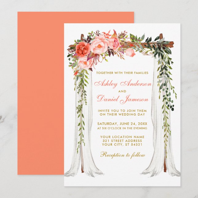 Invitation Canopée mariage Aquarelle Coral Floral Or (Devant / Derrière)