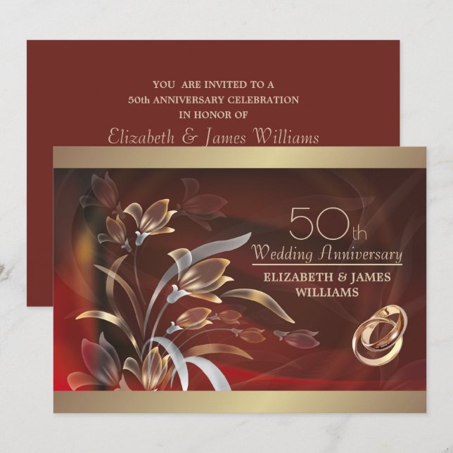 Invitation Caoba Gold Floral 50e Anniversaire de Mariage  (Devant / Derrière)