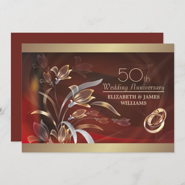 Invitation Caoba Gold Floral 50e anniversaire Mariage (Devant / Derrière)