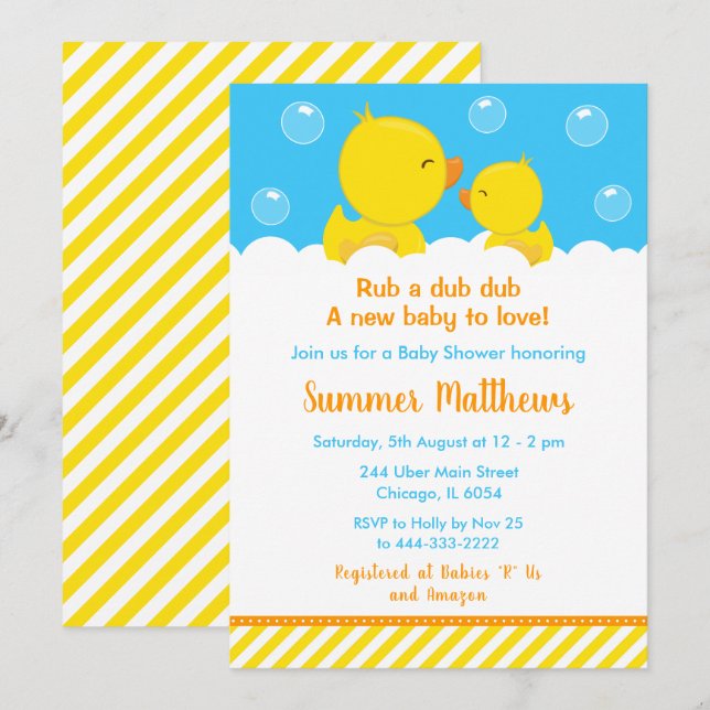 Invitation Caoutchouc Baby shower jaune et bleu (Devant / Derrière)