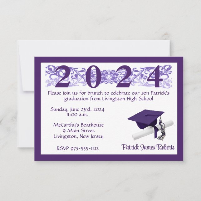 Invitation Cap & Diploma, White & Purple Graduation (Devant)
