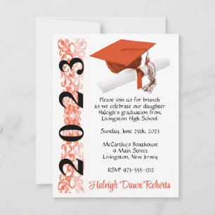 Invitation Cap & Diplôme, Dégraduation Orange & Noir