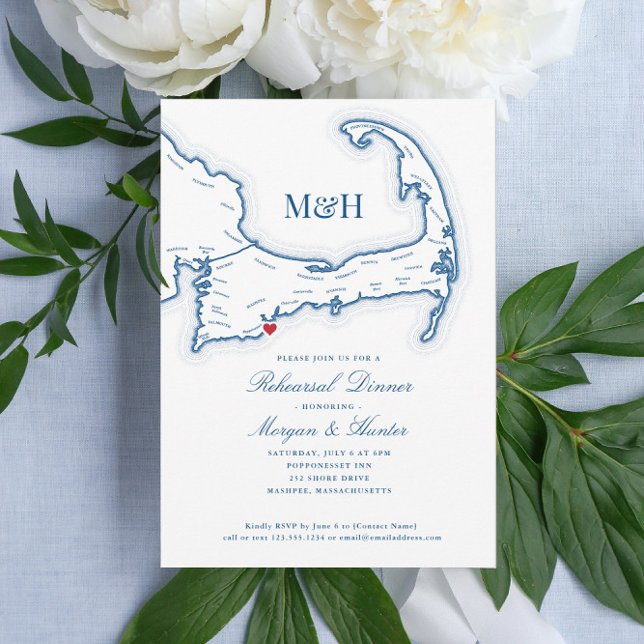 Invitation Cape Cod Map Dîner De Répétition Élégant (Cape Cod Rehearsal dinner invitations with a map of the Cape are perfect for a destination wedding)