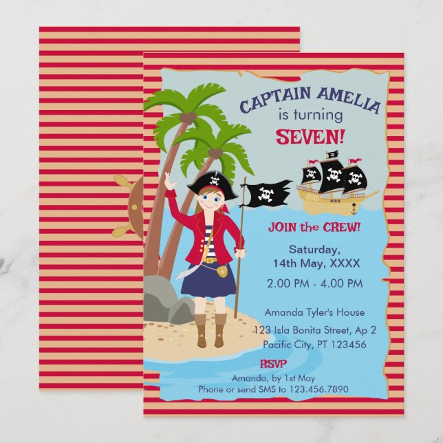Invitation Capitaine de la fête d'anniversaire du bateau pira (Devant / Derrière)