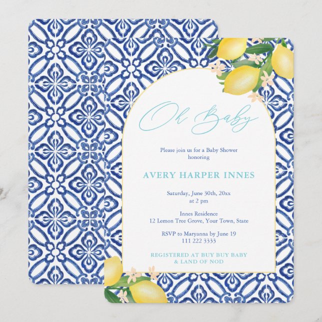 Invitation Capri Lemons Turquoise Oh Baby Theme Baby shower (Devant / Derrière)