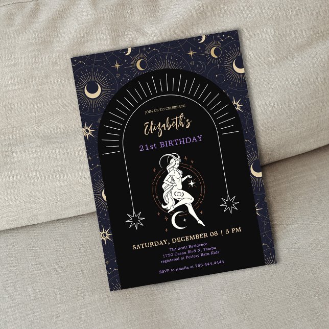 Invitation Capricorne Mystique Noire Zodiac 21e anniversaire (Black Mystic Capricornus Zodiac 21st Birthday Invitation)