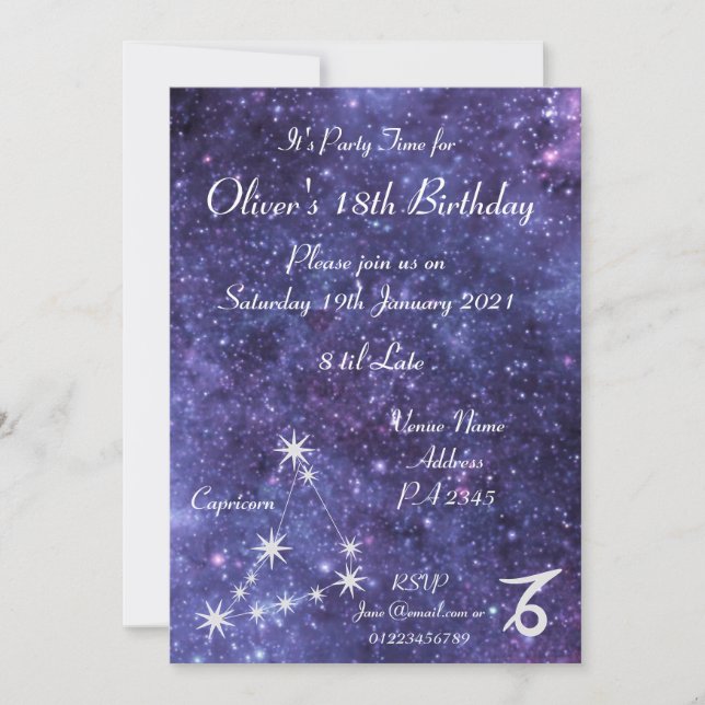 Invitation Capricorne Personnalisée Zodiac Galaxy Party (Devant)