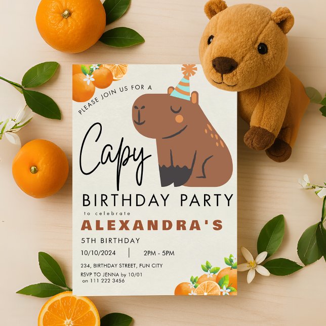 Invitation Capybara Anniversaire Cute Orange Tangerine Capiba (Capybara Birthday Cute Orange Tangerine Capibara Invitation)