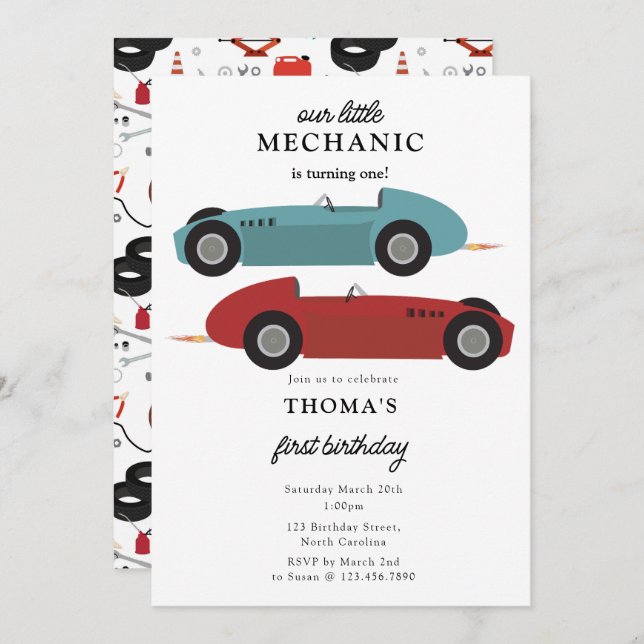 Invitation Car Mechanic Automotive Tools Boy First Birthday (Devant / Derrière)